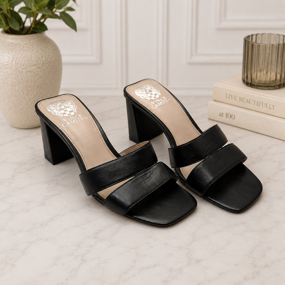 Vince Camuto Tathela Black Leather Block Heel Slide Sandals Women's 6.5 M EU 37